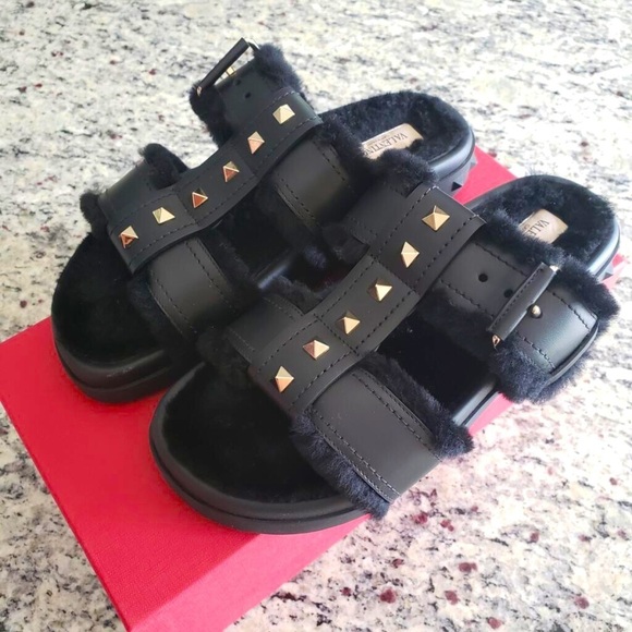 NEW Valentino Rockstud Slides with Real Shearling size 36 - Picture 1 of 11